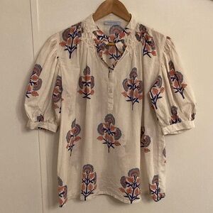 Le Bazar Costal Short Sleeve Floral Print Women's Top French Inspired Boho SZ M